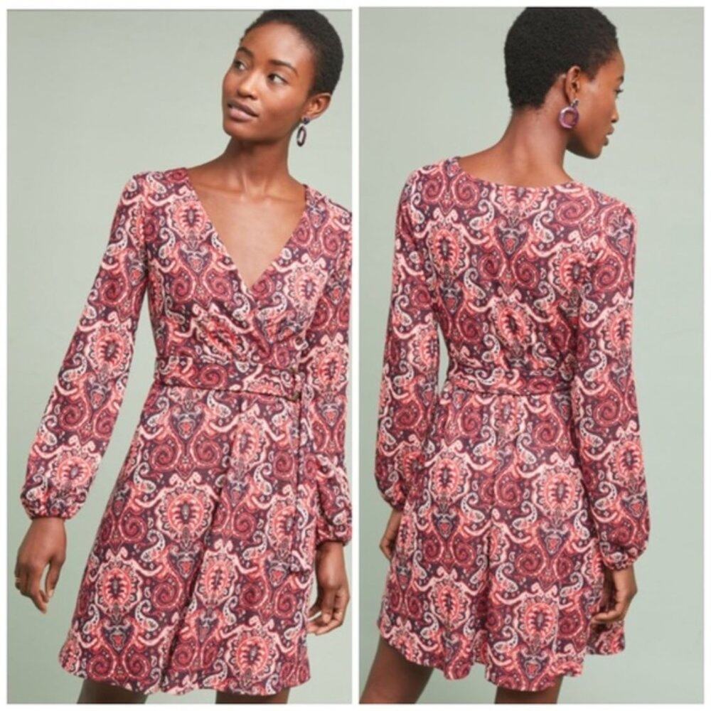 Anthropologie Maeve Paisley Belted Surplice Long Sleeve Dress